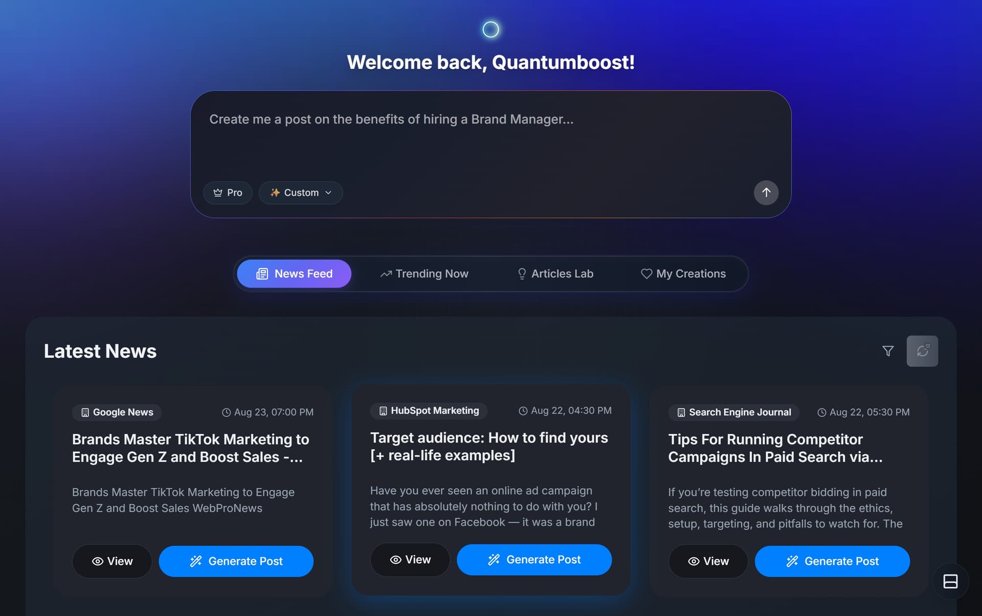 Contentio Dashboard - AI Content Generation Interface